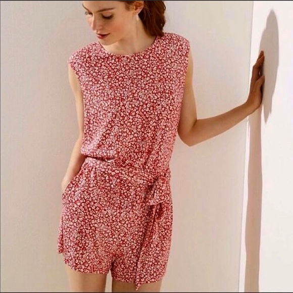 LOFT Pants - LOFT Red Floral Romper Shorts